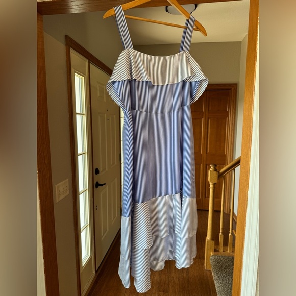 NWT J CREW Striped Cold-Shoulder Silk Dress Size 14 $188 True Blue Ruffle Lined - Picture 2 of 8